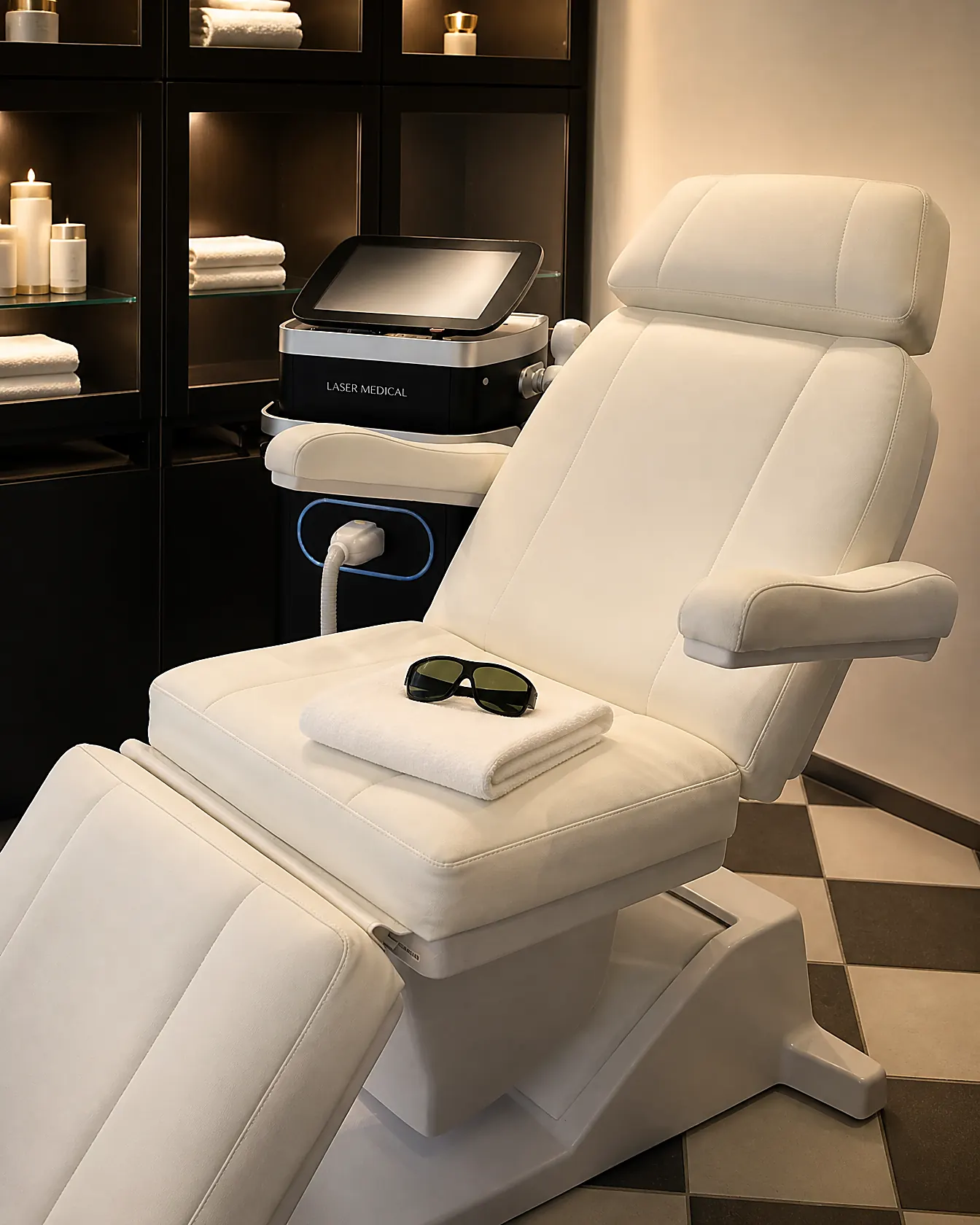 De Diode laser Triplewave naast de behandelstoel in de salon van Zenine, met een laserveiligheidsbril klaar