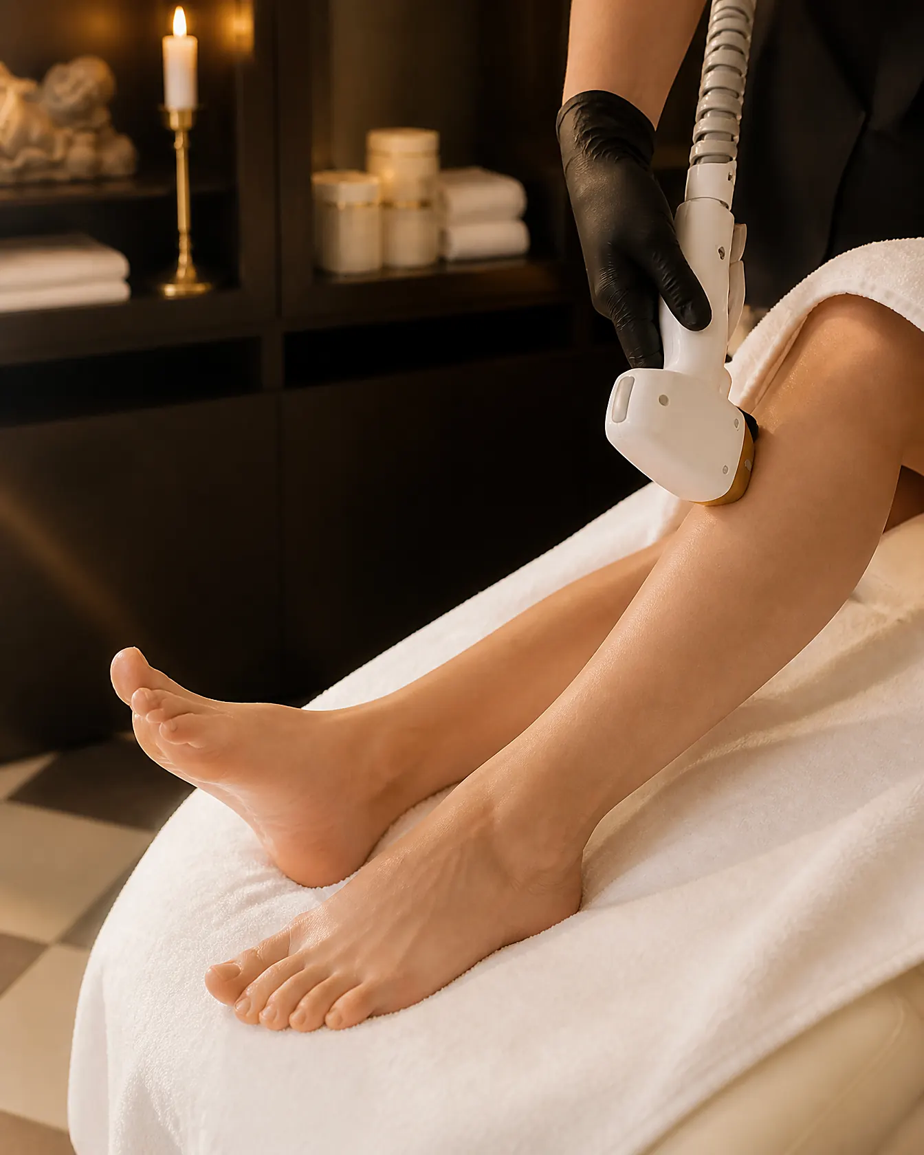 Laserontharing van het onderbeen met het koelende handstuk van de Diode laser in de salon van Zenine