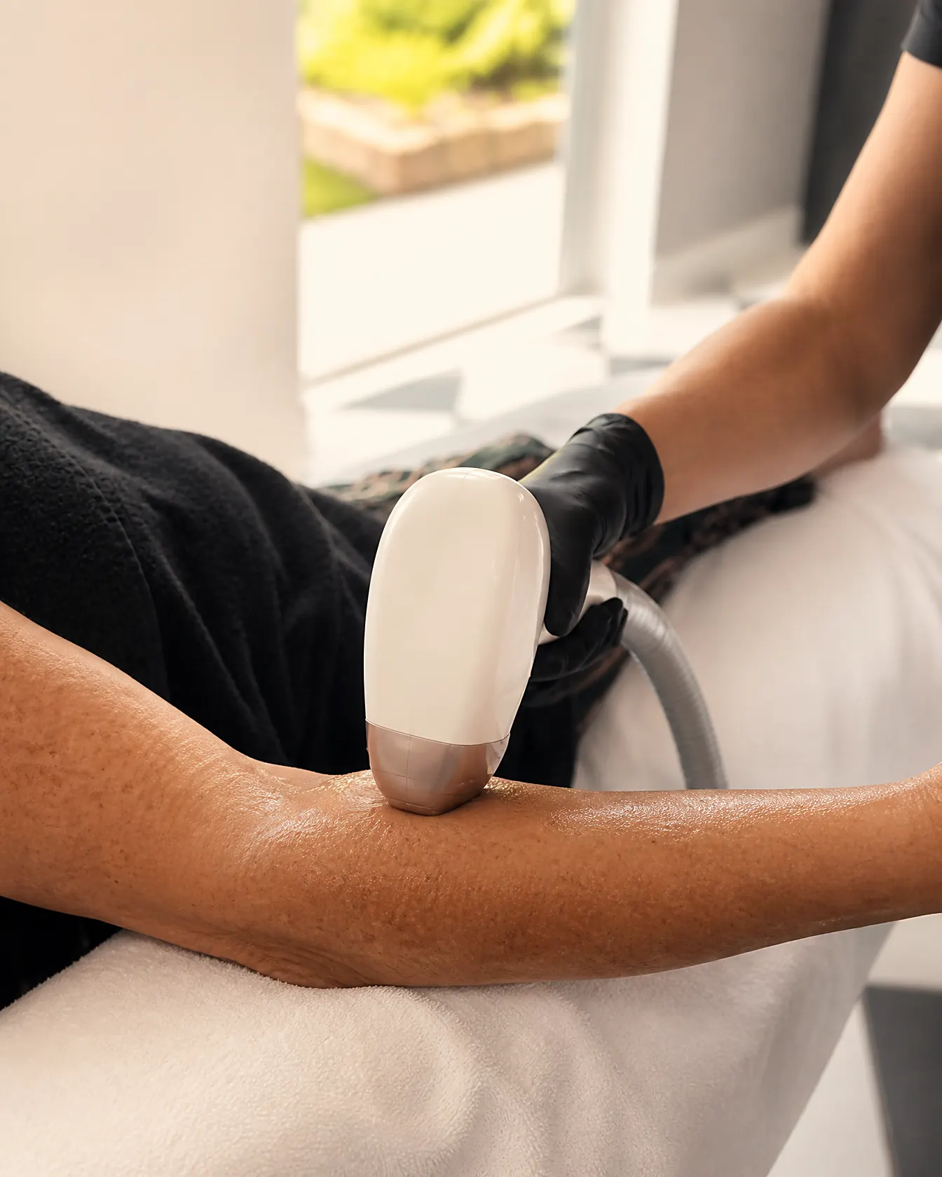 Laserontharing op een zongebruinde onderarm met het koelende handstuk