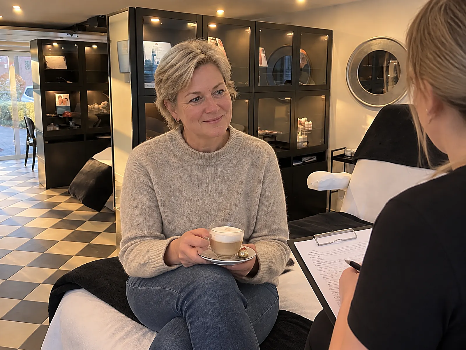 Intakegesprek in de salon: een klant met een kopje koffie bespreekt haar wensen