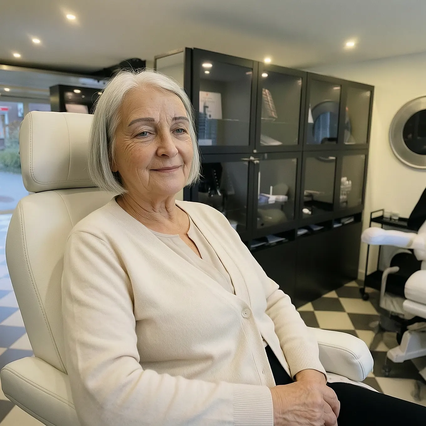 Oudere klant bekijkt haar nieuwe permanente make-up wenkbrauwen in een handspiegel in de salon van Zenine