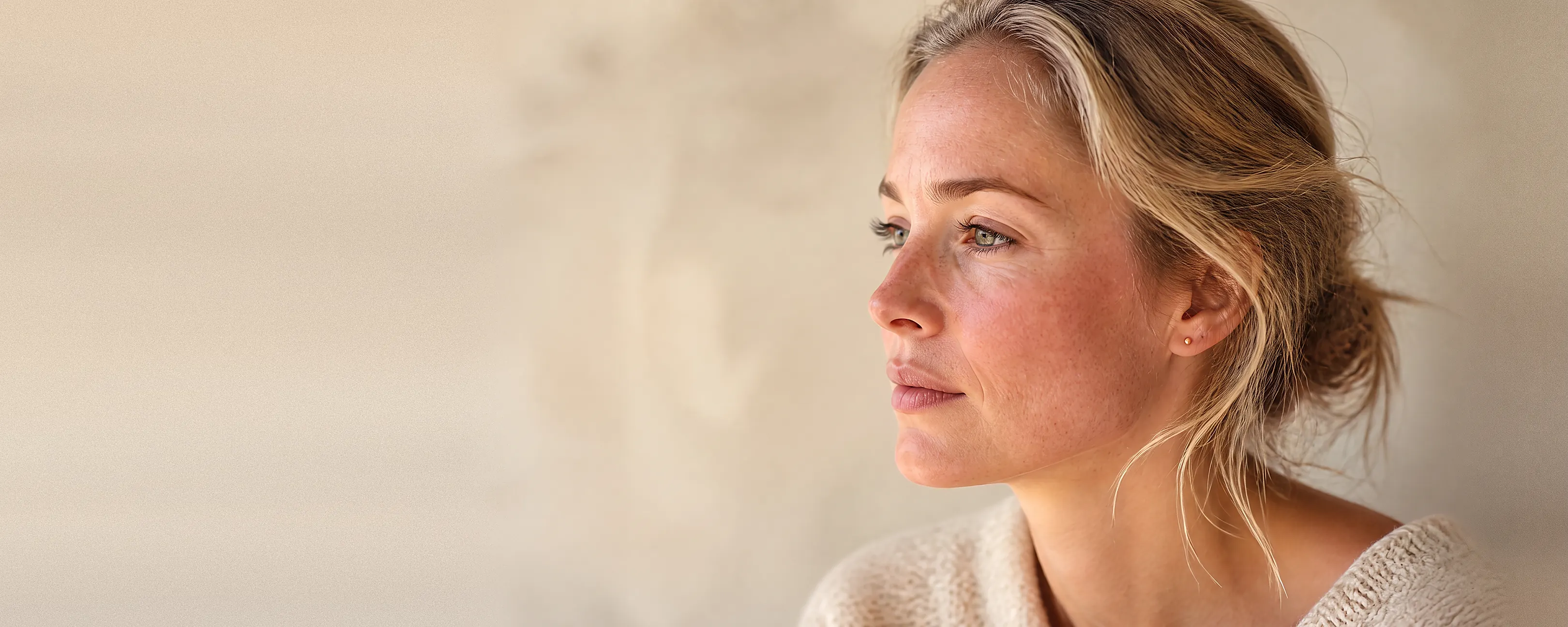 Vrouw met gelifte, gekrulde en getinte wimpers kijkt rustig in de verte