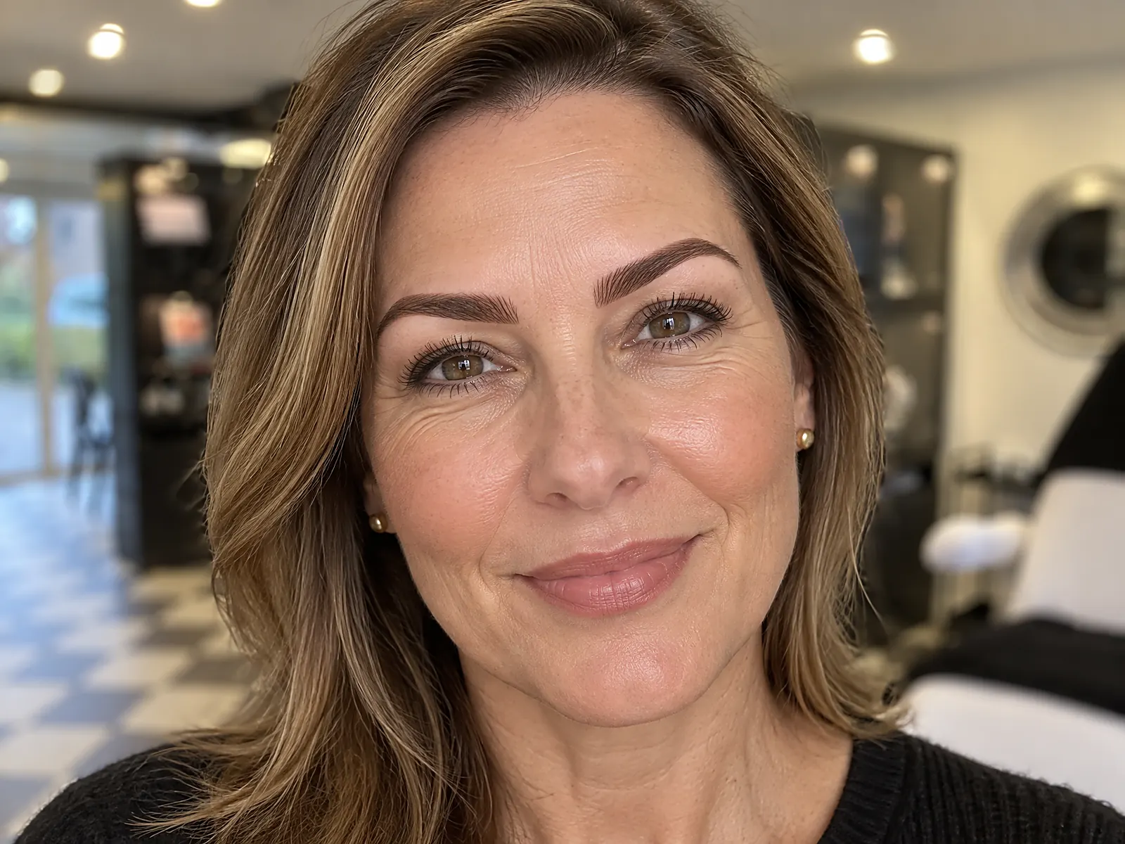 Vrouw met natuurlijk volle wenkbrauwen in een rustige salon